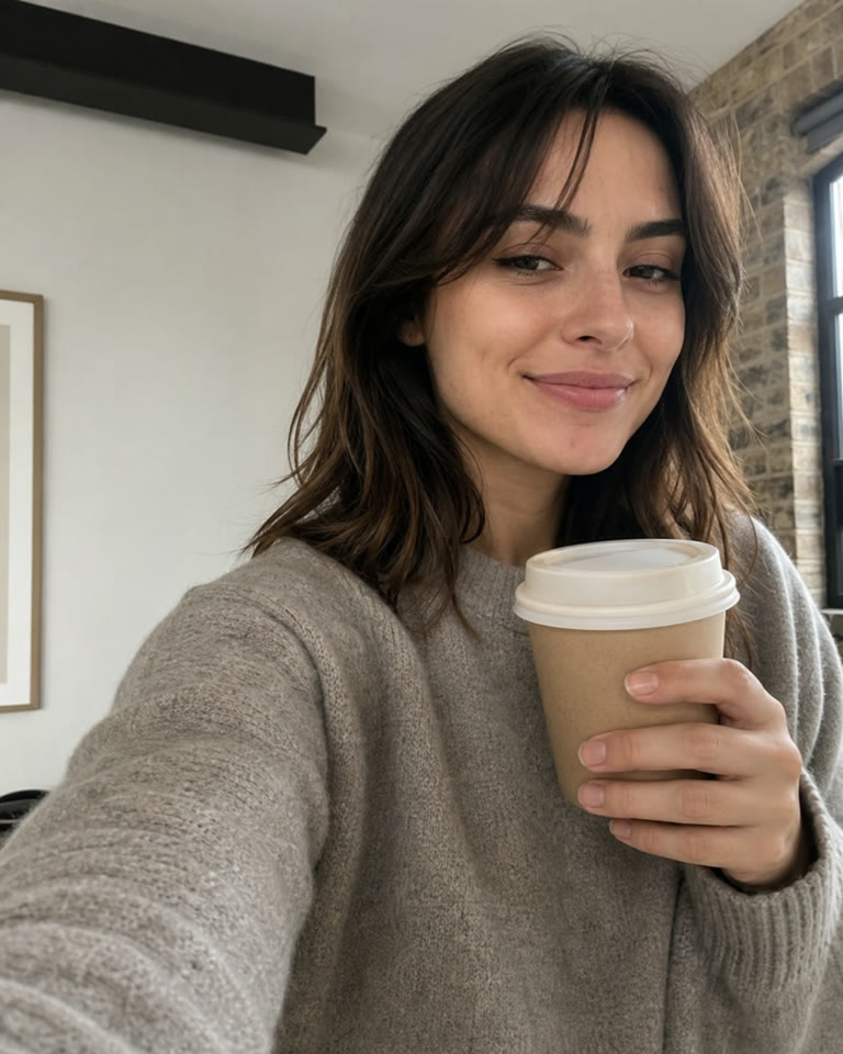 AI influencer enjoying a morning coffee